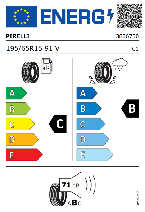 Tyre Label for Pirelli Cinturato P1 Verde 195/65R15 91V