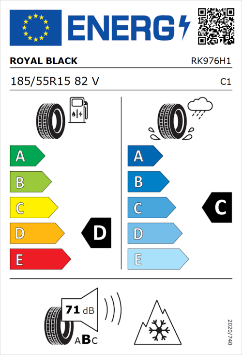 Tyre Label for Royal Black Royal A/S 185/55R15 82V