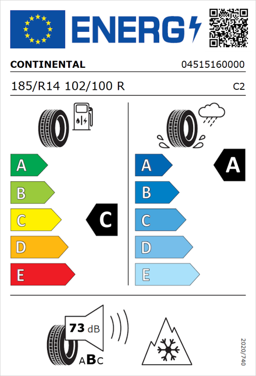 Tyre Label for Continental Vanco FourSeason 185/R14 102/100R