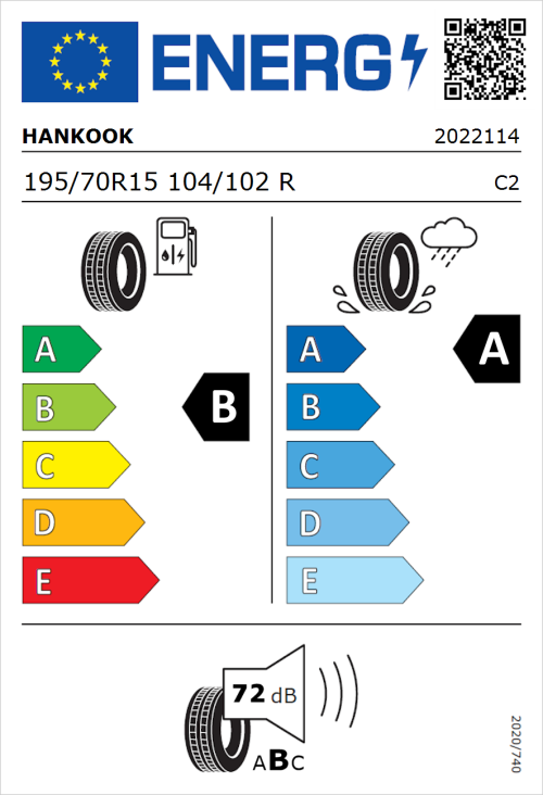 Tyre Label for Hankook Vantra Transit (RA58) 195/70R15 104/102R