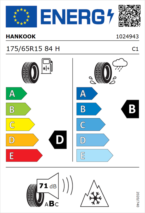 Tyre Label for Hankook Kinergy 4S 2 H750 175/65R15 84H