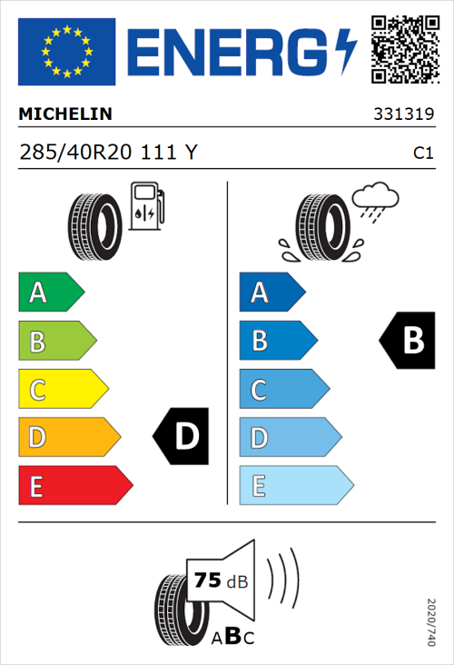 Tyre Label for Michelin Pilot Sport S5 285/40R20 111Y