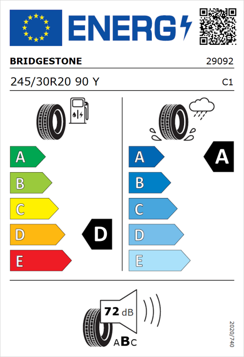 Tyre Label for Bridgestone Potenza Sport Evo 245/30R20 90Y