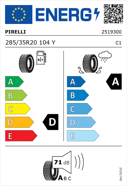 Tyre Label for Pirelli P Zero Corsa (PNCS) 285/35R20 104Y